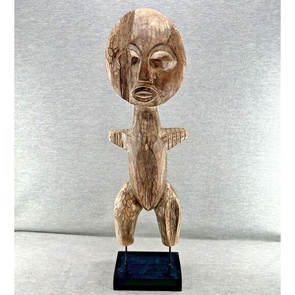 Hand Carved Brown Wooden Primitive Sculpture On Stand 26" Tall